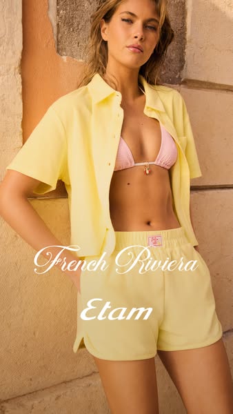 This image ad showcases Etam clothing, specifically matching lounge wear and swimwear. The focus is on the apparel's
