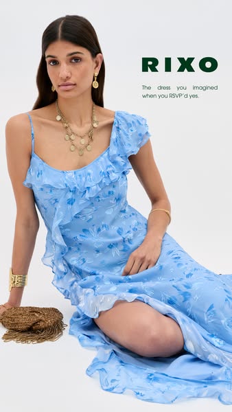 The ad features a light blue floral RIXO dress worn by a young woman. The text promotes RIXO as the dress you imagined w