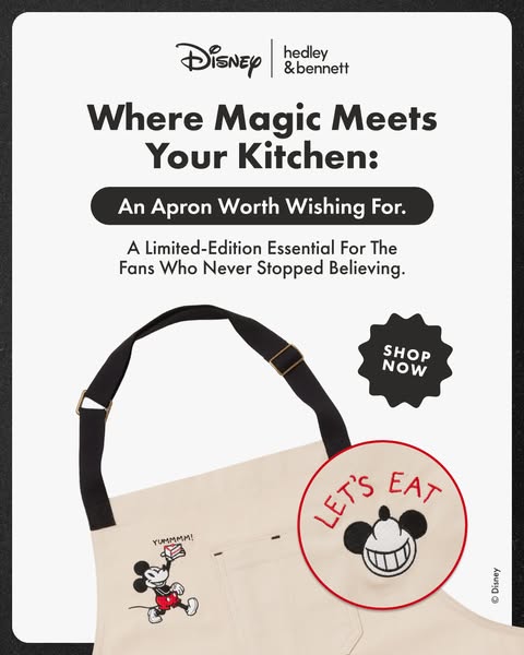 This ad showcases an apron collaboration between Disney and Hedley & Bennett. It features a cream-colored apron with