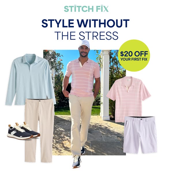 This Stitch Fix ad features an outdoor aesthetic, showcasing clothing options against a natural backdrop with a model in