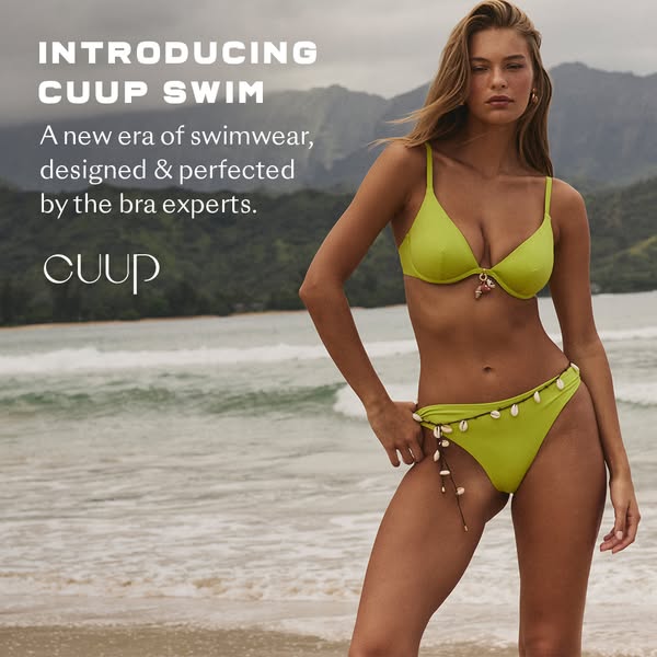 This image ad introduces CUUP swim with a model wearing a lime green bikini on the beach. The ad copy highlights the bra