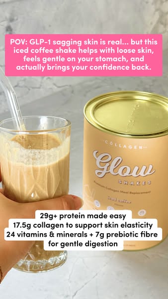 This ad promotes Collagen Glow Shakes as a solution for sagging skin, particularly related to GLP-1. It presents the sha