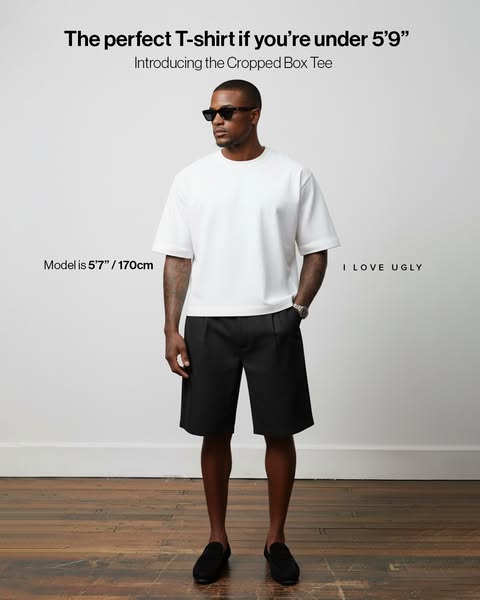 This image promotes a cropped box tee from I Love Ugly, targeting men under 5'9". The ad emphasizes the brand&#