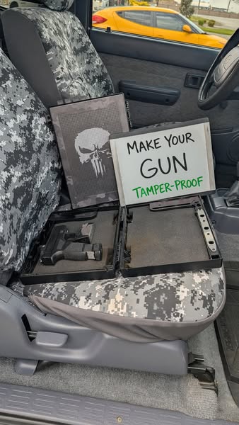 This ad features a gun safe in a car, positioned to appeal to gun owners who prioritize safety and security for their fi
