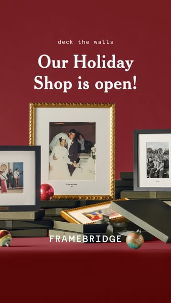 This ad promotes Framebridge's holiday shop, encouraging customers to 'deck the walls' with framed memories.