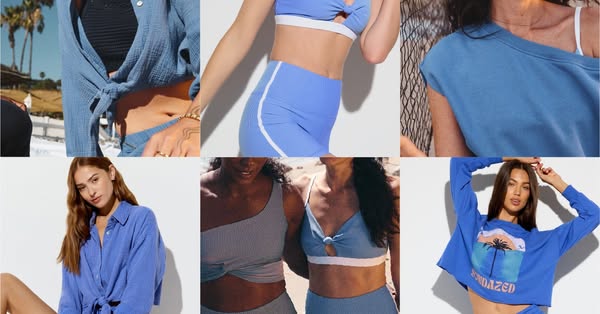This image ad shows various light blue-colored clothing items worn by women.