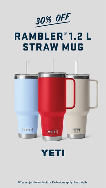 This ad promotes the YETI Rambler 1.2 L Straw Mug with a 30% off offer. The ad features three mugs in different colors a