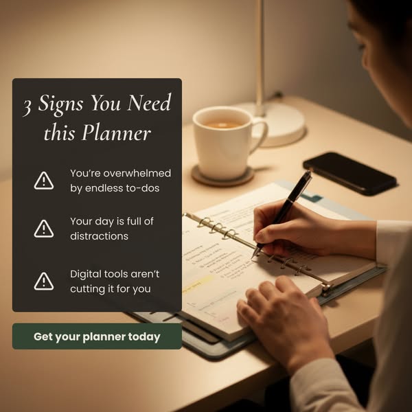 The ad highlights three problems someone may be experiencing if they aren't using a planner. It offers a planner as 