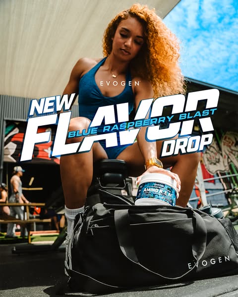 This ad showcases a fitness influencer sitting on a weight bench with a tub of Evogen Amino KEM resting on top of her gy