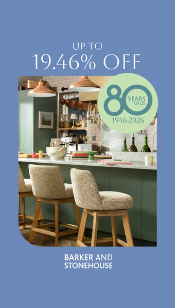 An image ad for Barker and Stonehouse. The ad shows a kitchen with counter stools. The ad is promoting a sale of up to 1