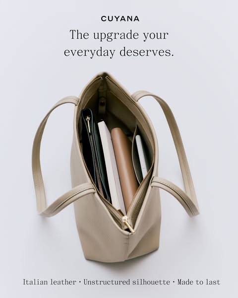 This ad showcases a Cuyana tote bag. It emphasizes the high-quality materials and timeless style of the bag, positioning
