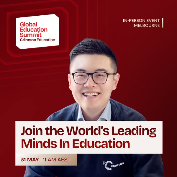 This ad promotes the Global Education Summit by Crimson Education, featuring a smiling speaker and event details to enco
