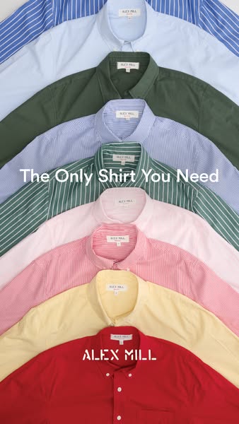 This image ad features a stack of button-down shirts in various colors, promoting the Alex Mill brand and suggesting the