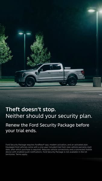 This ad reminds Ford vehicle owners to renew their Ford Security Package before their trial ends. The ad features a silv