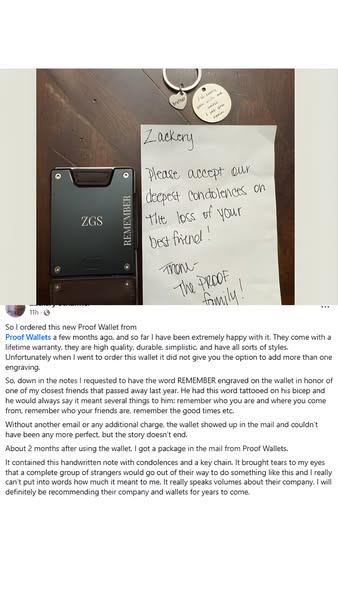 This ad features a customer testimonial for Proof Wallets, highlighting the brand's exceptional customer service and