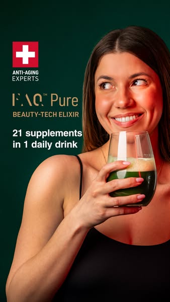 This ad features a woman holding a glass of F.A.C. Pure Beauty-Tech Elixir, highlighting that it contains 21 supplements