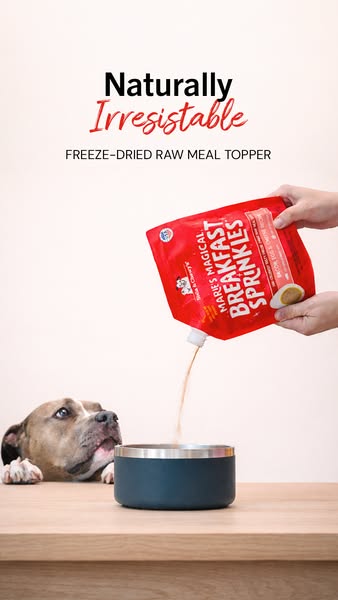 This ad uses an image to promote a freeze-dried raw meal topper for dogs. It shows the product being poured into a bowl.