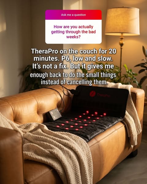 This ad features an image of a TheraPro device laid out on a couch in a living room, along with a quote from a user talk