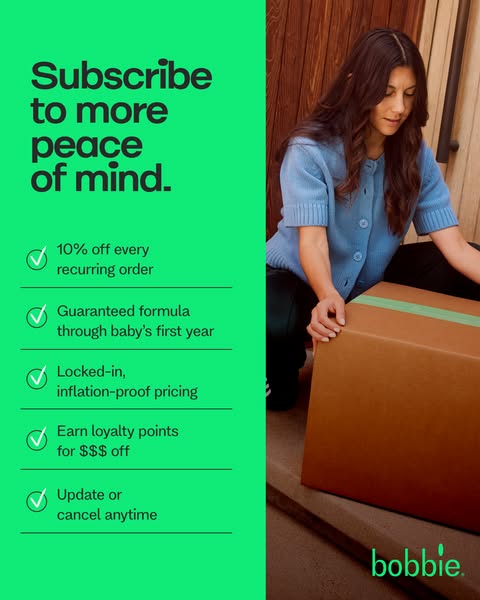 This image ad for Bobbie advertises the benefits of subscribing to their formula service. The ad uses a background split