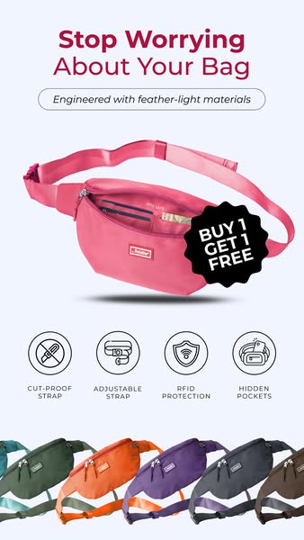 This ad promotes a brand of bags and features a fanny pack designed with safety in mind, offering features like a cut-pr