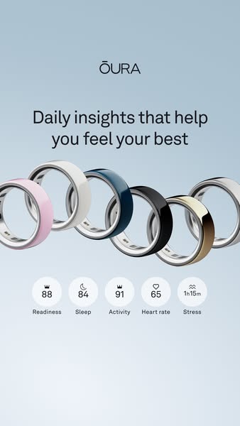This ad features a row of Oura rings in different colors along with icons highlighting readiness, sleep, activity, heart