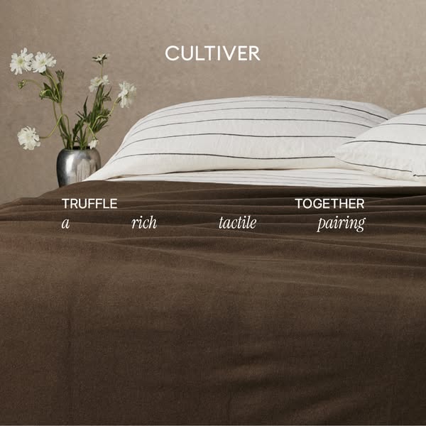 This image ad showcases the Cultiver brand and highlights the Truffle color option for their bedding. The ad focuses on 