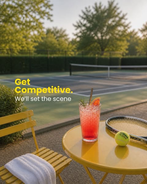 A lifestyle advertisement that shows a refreshing drink at a tennis court. The ad copy reads, "Get Competitive. We&