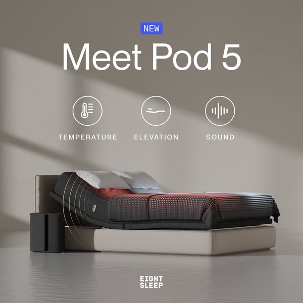 This ad introduces Eight Sleep's Pod 5, highlighting its new features and benefits for temperature regulation, eleva
