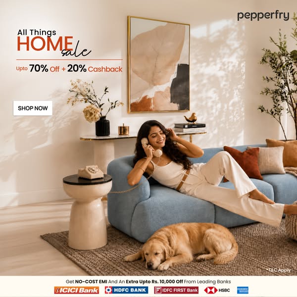 This Pepperfry ad is promoting its Home Sale with up to 70% off plus 20% cashback. The ad features a woman relaxing on a