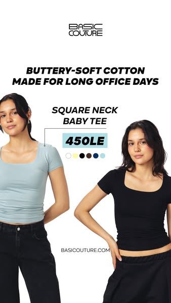 This image ad showcases square neck t-shirts from Basic Couture. The focal point is on the soft cotton and design, posit