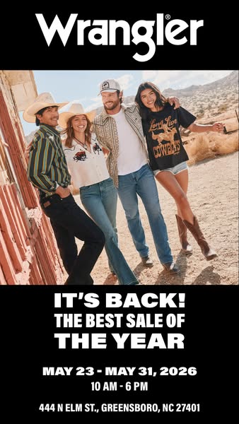 This ad promotes a Wrangler sale event taking place from May 23 to May 31, 2026 at their Greensboro, NC location. The ad