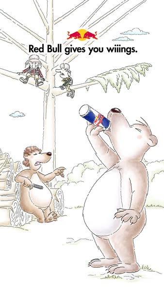 A whimsical, illustrated Red Bull ad shows a bear drinking a can of Red Bull while another bear looks on skeptically. Tw