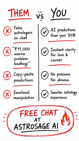 This image ad highlights the benefits of AstroSage AI's astrology services by comparing them to the perceived shortc