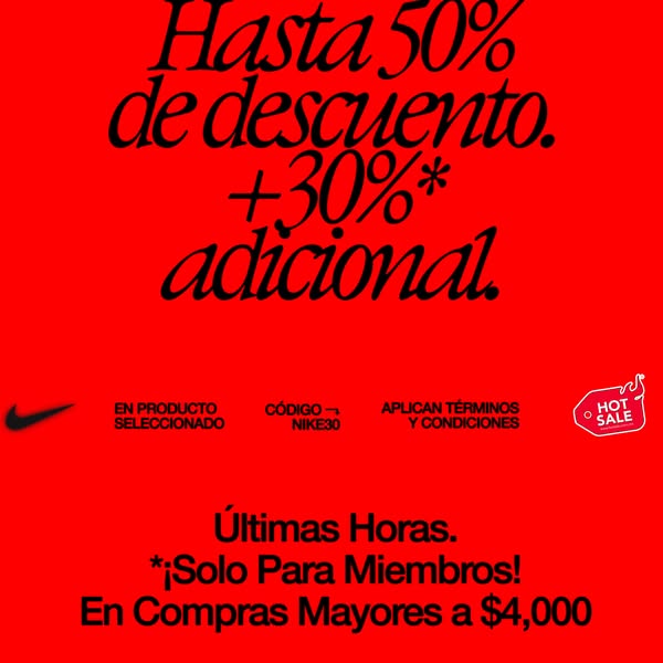 This image ad promotes a Nike sale, offering up to 50% off plus an additional 30% discount for members on purchases over