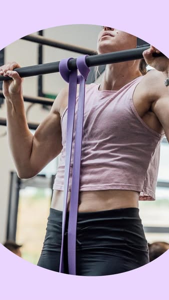 This ad features a woman using a resistance band for a pull up exercise. The image focuses on the use of the product its