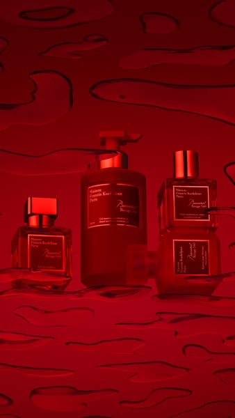 An ad featuring Baccarat Rouge 540 products. It showcases several products from the line in an artistic, monochromatic, 