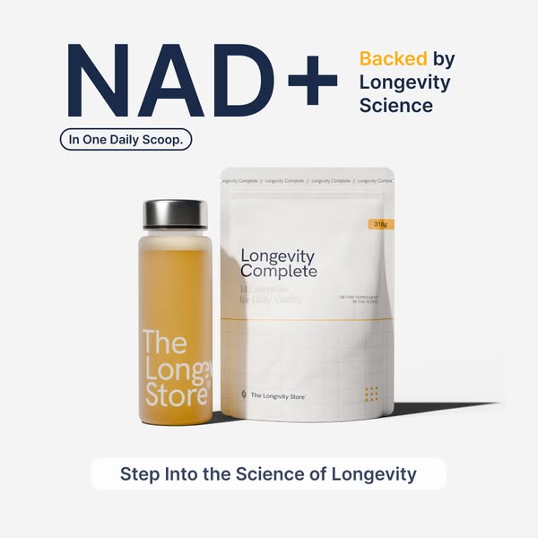This ad for The Longevity Store's NAD+ supplement highlights the product's science-backed formula and ease of us