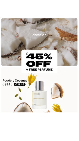 This ad for Dossier's Powdery Coconut perfume showcases the product amidst coconut flakes and yellow flowers to emph