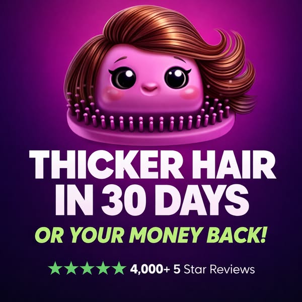 This image ad promotes a product that helps to achieve thicker hair in 30 days, promising a money-back guarantee. The pr