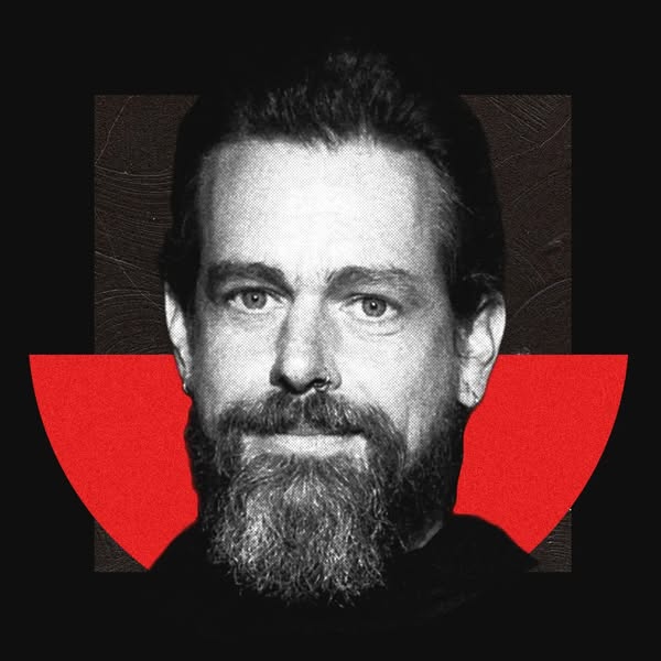 This image features a black and white portrait of Jack Dorsey with red and black graphic elements. The ad may be intende