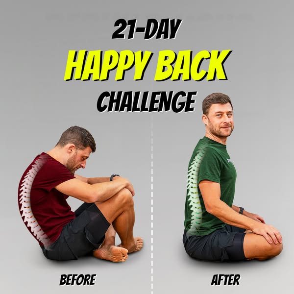 This ad promotes a 21-day "Happy Back Challenge" with a before-and-after image showing a man with poor posture