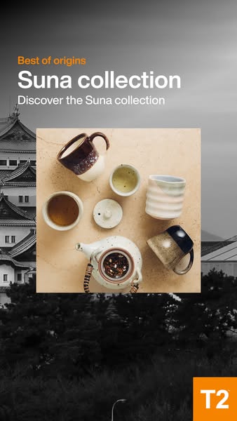 This image ad showcases tea products, including a teapot, cups, and loose leaf tea, from the 'Suna collection.' 