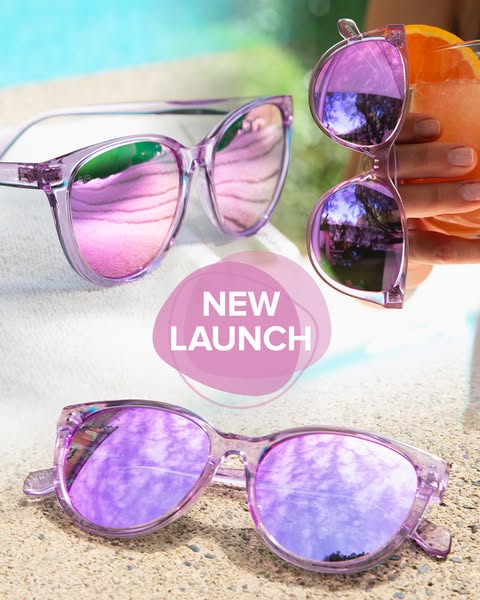 This image ad features three pairs of transparent purple-framed sunglasses, with the central pair being held by a person
