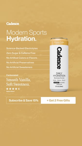 This image ad promotes Cadence's cream soda flavored hydration drink. It highlights features like zero sugar, caffei