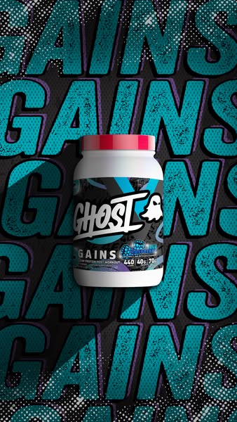 Ad for Ghost brand Gains protein powder. The ad shows the product against a background that features the word 'GAINS