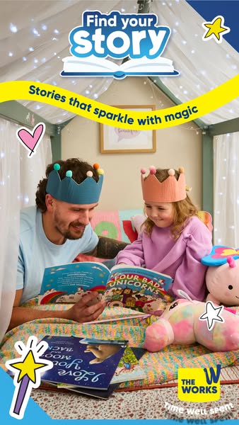 This is an image ad promoting The Works brand. It features a father and daughter reading books from The Works while sitt