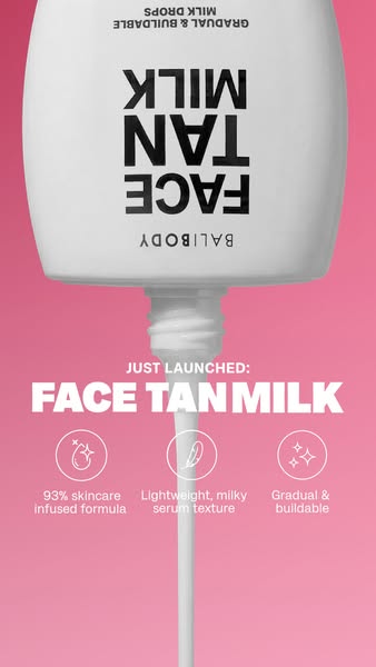 A close-up shot of Bali Body Face Tan Milk dripping from the bottle with product benefits displayed at the bottom.