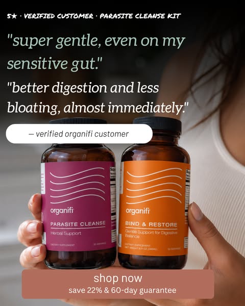 This image ad uses customer testimonials to build trust in Organifi's parasite cleanse kit. It highlights the kit