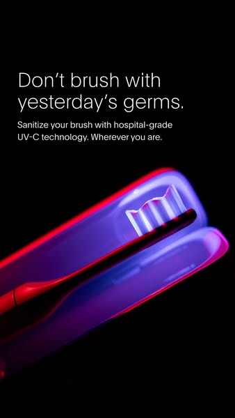 This image ad promotes a product that sanitizes your toothbrush with hospital-grade UV-C technology. The ad is designed 