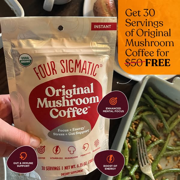 This ad promotes Four Sigmatic's Original Mushroom Coffee by highlighting its benefits and offering a free product w